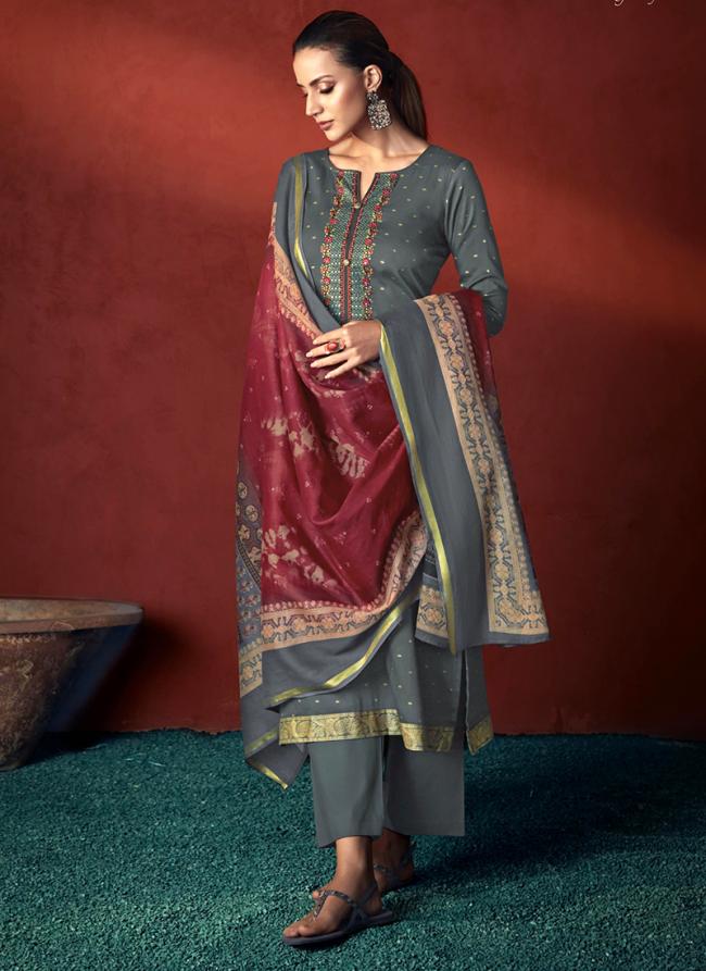 Pure Viscose Satin Grey Traditional Wear Embroidery Work Straight Suit
